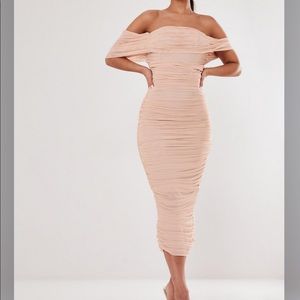 Missguided nude mesh ruched bardot midi dress